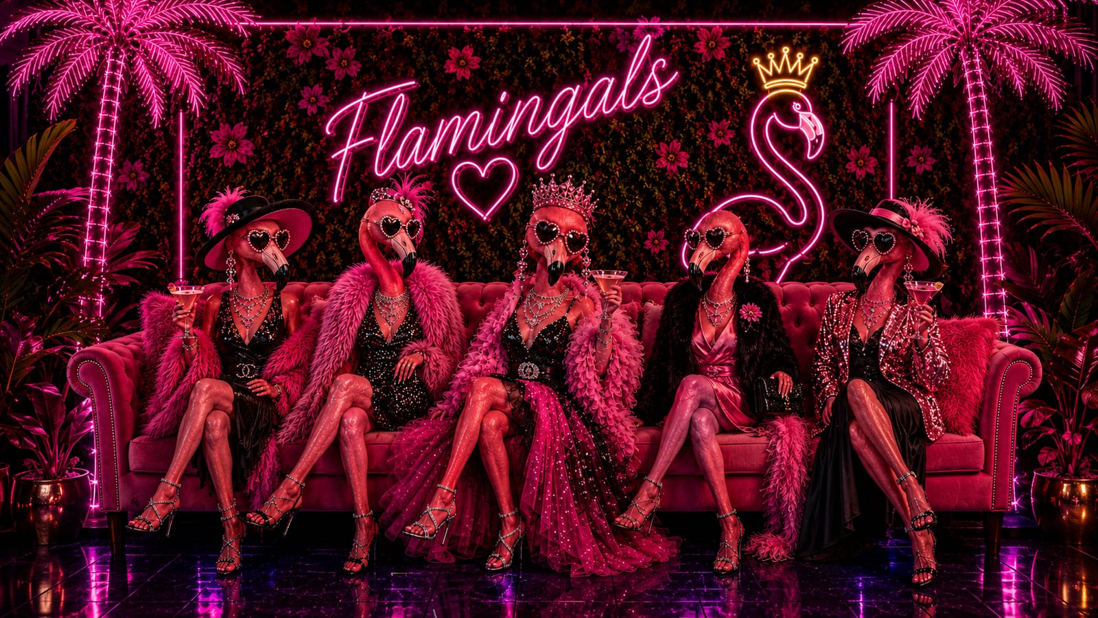 Glamorous flamingos in cocktail dresses and crowns on a pink velvet sofa under neon lights