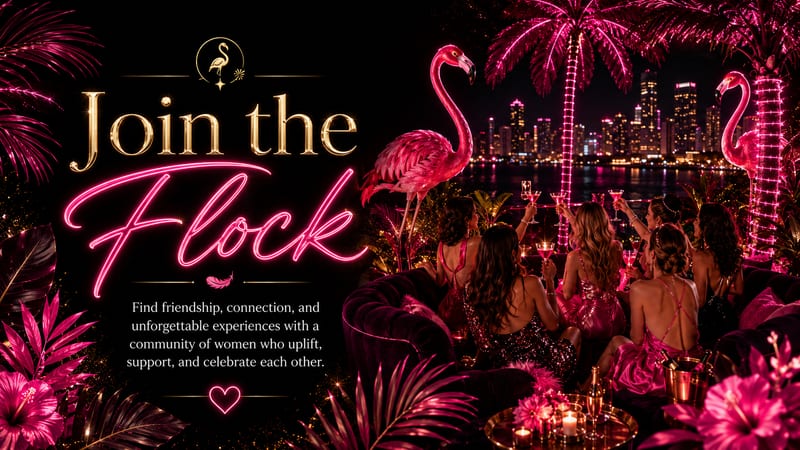 Join the Flock: women toasting on a neon rooftop with flamingos and palm trees